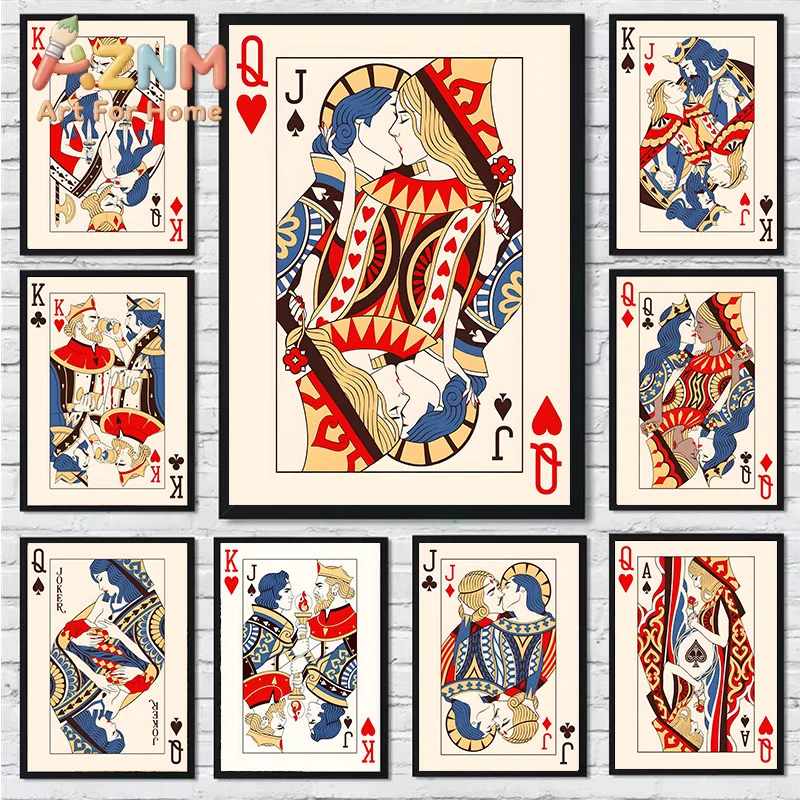 Whimsical Poker King Queen Canvas Prints Poster Funny Love Kiss Abstract Prints Living Room Bedroom Wall Art Home Decor Poster