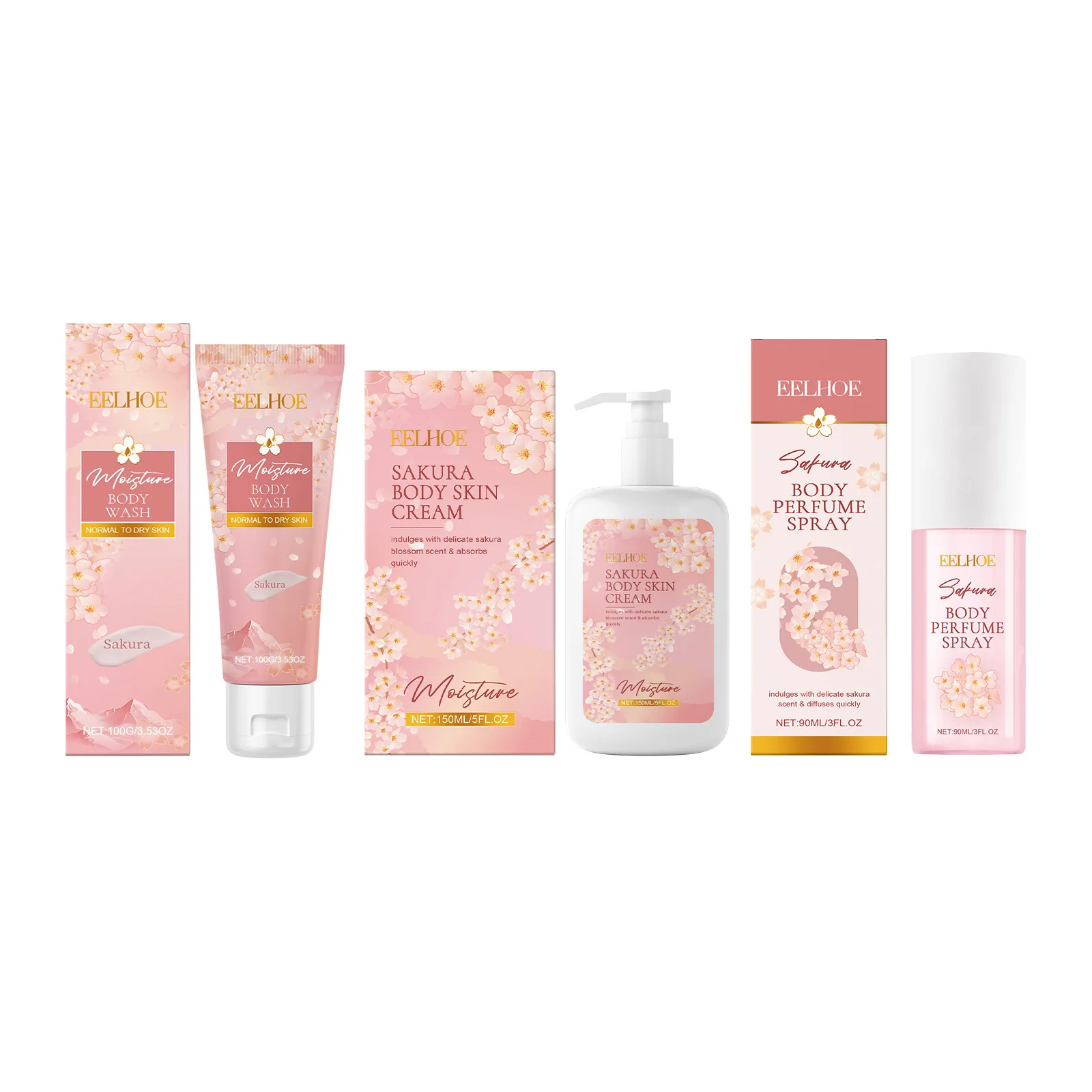 EELHOE Sakura Flower Body Skin Care Set Lasting Moisturizer Body Lotion for Brightening Skin Lightening Shower Gel Perfume Spray