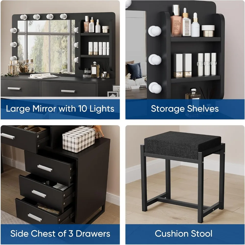 illuminated makeup vanity desk with 5 drawers and 3 lighting modes