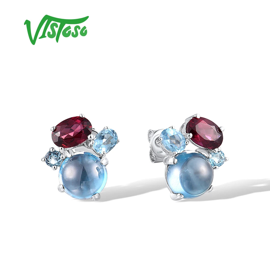 

Женские серьги-гвоздики из белого золота VISTOSO, 14 к 585 пробы, со сверкающим розовым гранатом, Перидотом, зеленым халцедоном, голубым топазом, ювелирные украшения из драгоценных камней