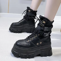 Punk Chunky Platform Ankle Boots Women Black White Thick Bottom Motorcycle Boots Woman Autumn Winter Lace Up Short Booties Mujer