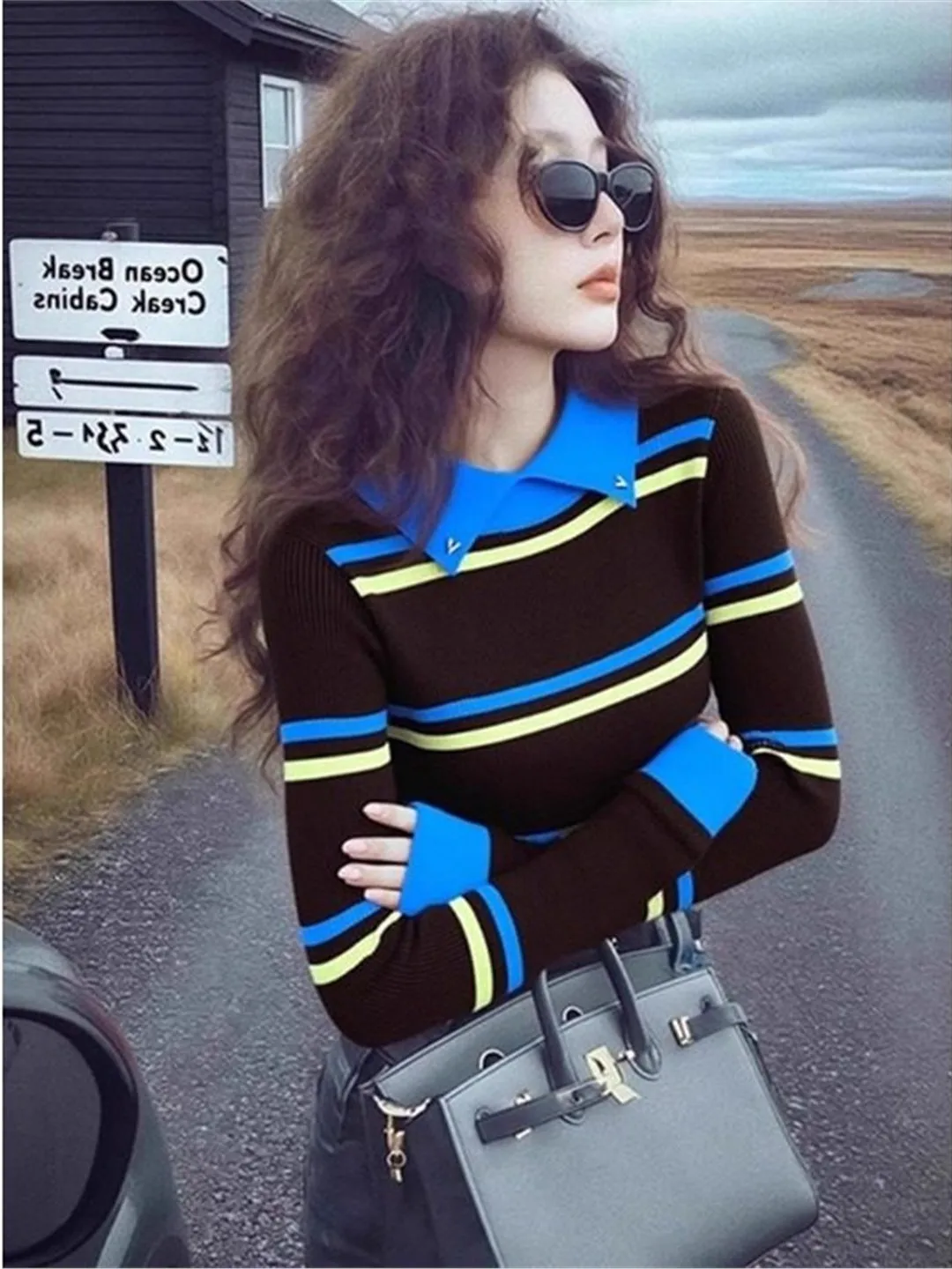 

Retro Color Block Striped Neck Sweater Women's Base Shirt Casual Slim Fit Knitted Top Inner Wear Autumn Winter High End ...