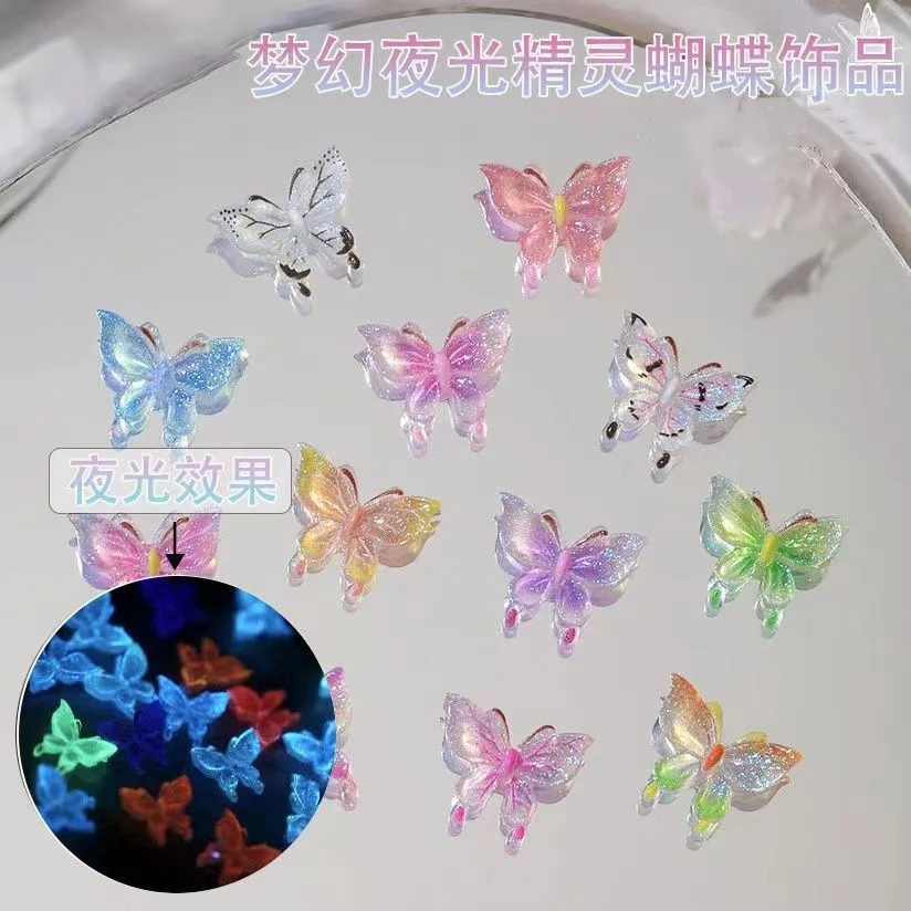 

30PCS Luminous Butterfly Gradient Princess Elf Immortal 3D DIY Jewelry Accessories Gems Acrylic Long Nail Art Decoration Charms