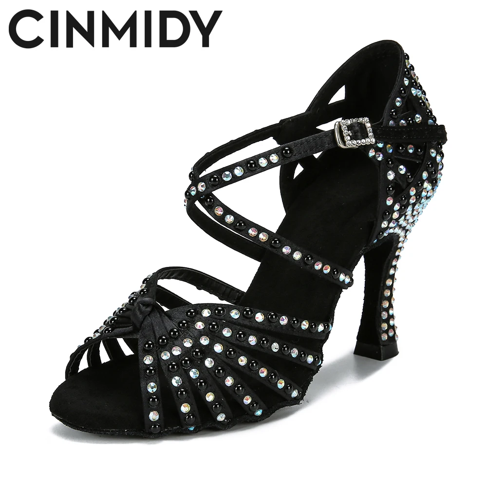 CINMIDY Satin Latin Dance Shoes For Women Black Ballroom Dancing Shoes Ladies Salsa Tango Dance Shoes Party High Heel Sandals