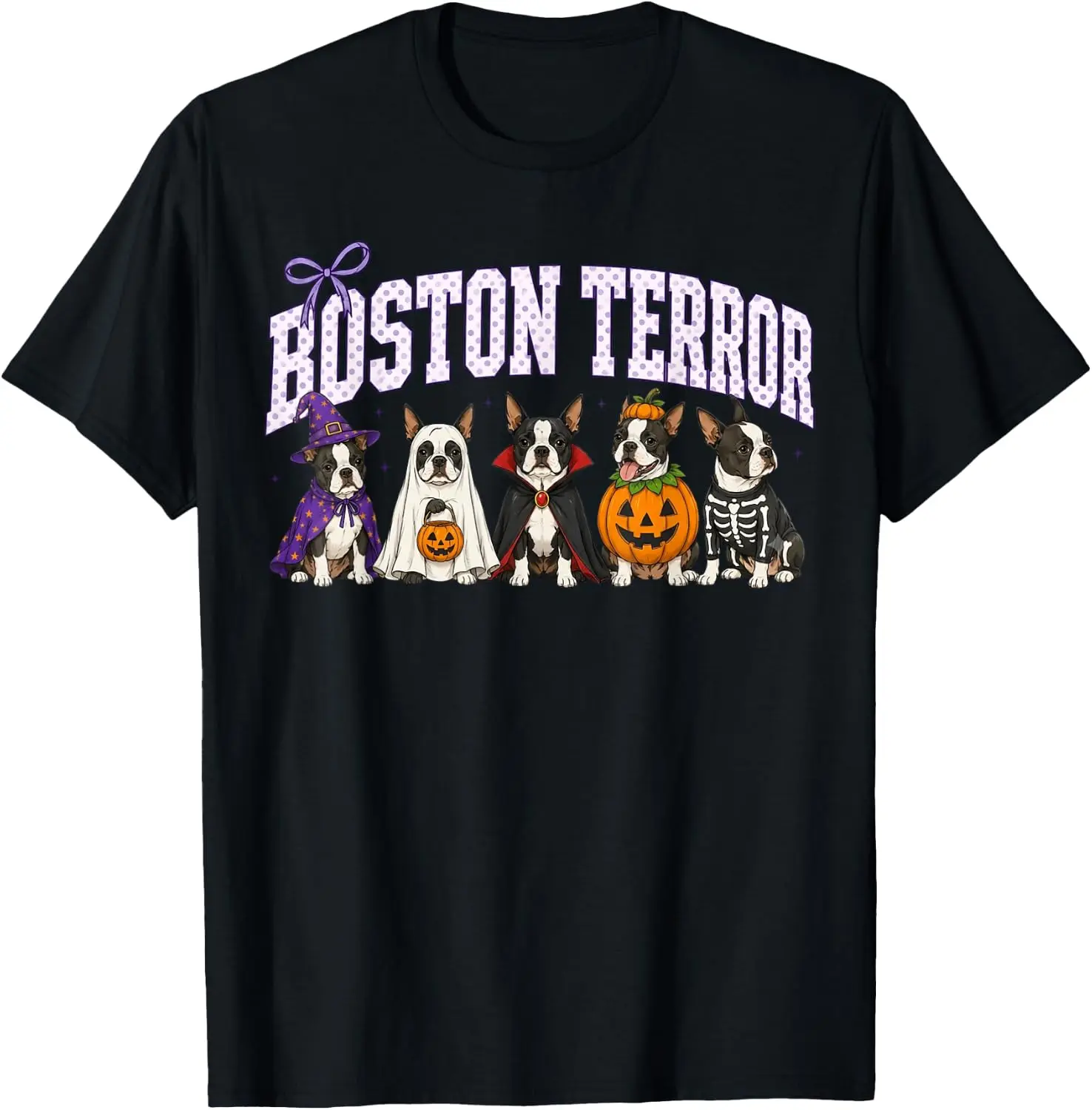 Boston Terror Funny Ghost Pumpkin Halloween Dog T-Shirt Versatile, heavyweight pure cotton short-sleeve tee—trendy, thick fabric; a great gift for Christmas or Halloween.