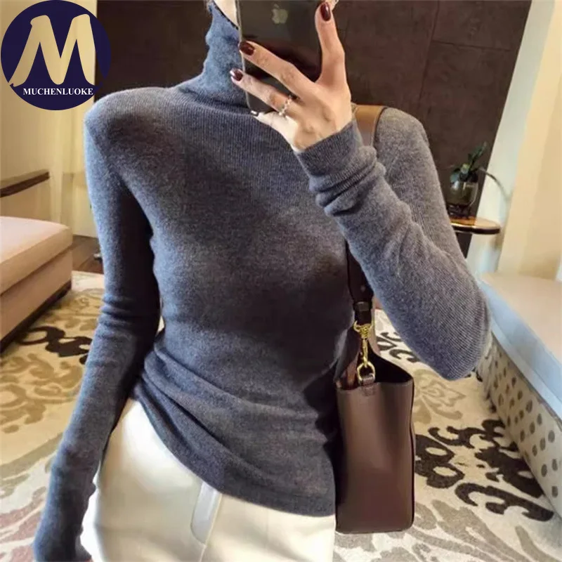 Sweater for Woman Autumn Winter Elegant High Necked Knitted Thin SweaterFashionable Slim Fit High Stretch Keep Warm Pullovers