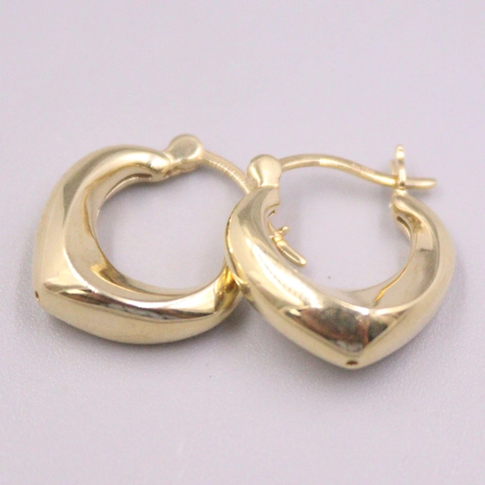 Real Pure 18K Yellow Gold Hoop Women Gift Lucky Smooth Geometry Heart Earrings 2.41g