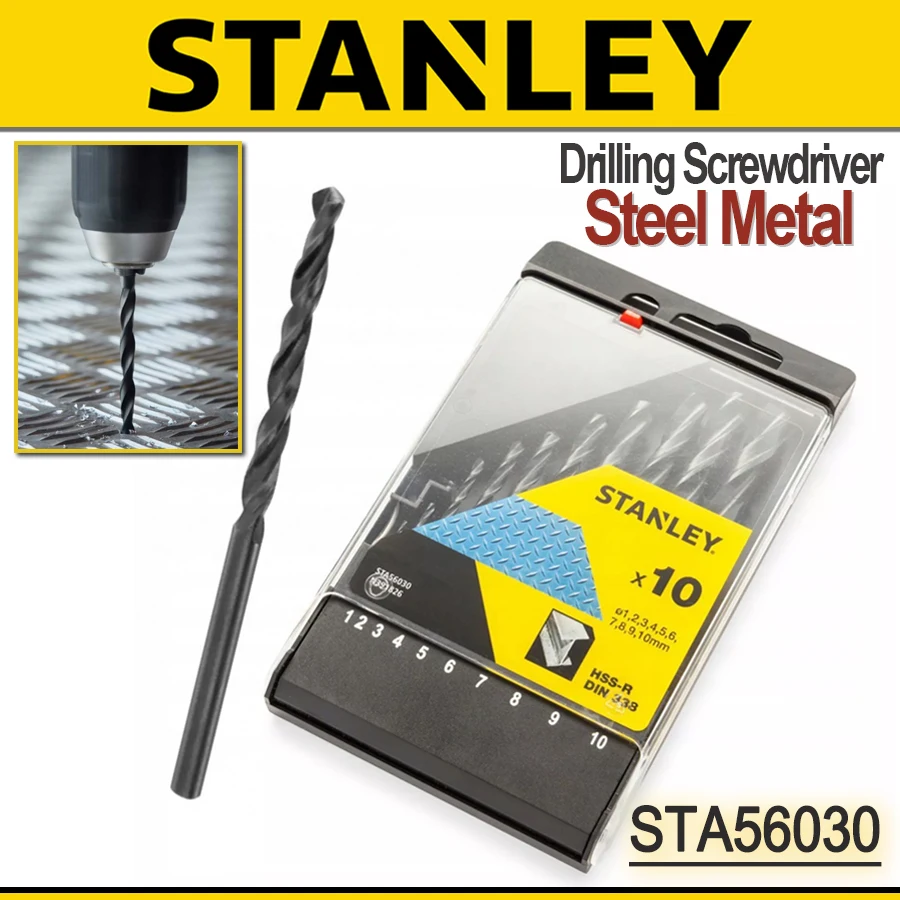 Stanley STA56030 10-teiliges Schnellarbeitsstahl-Metallbohrer-Set inklusive 1/2/3/4/5/6/7/8/9/10 mm Elektrowerkzeug-Zubehör