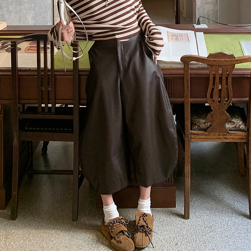 Retro Maillard Brown Leather Pants for Women High Waist Wide Leg Straight Pants Fashion Ankle-length PU Pants Trousers