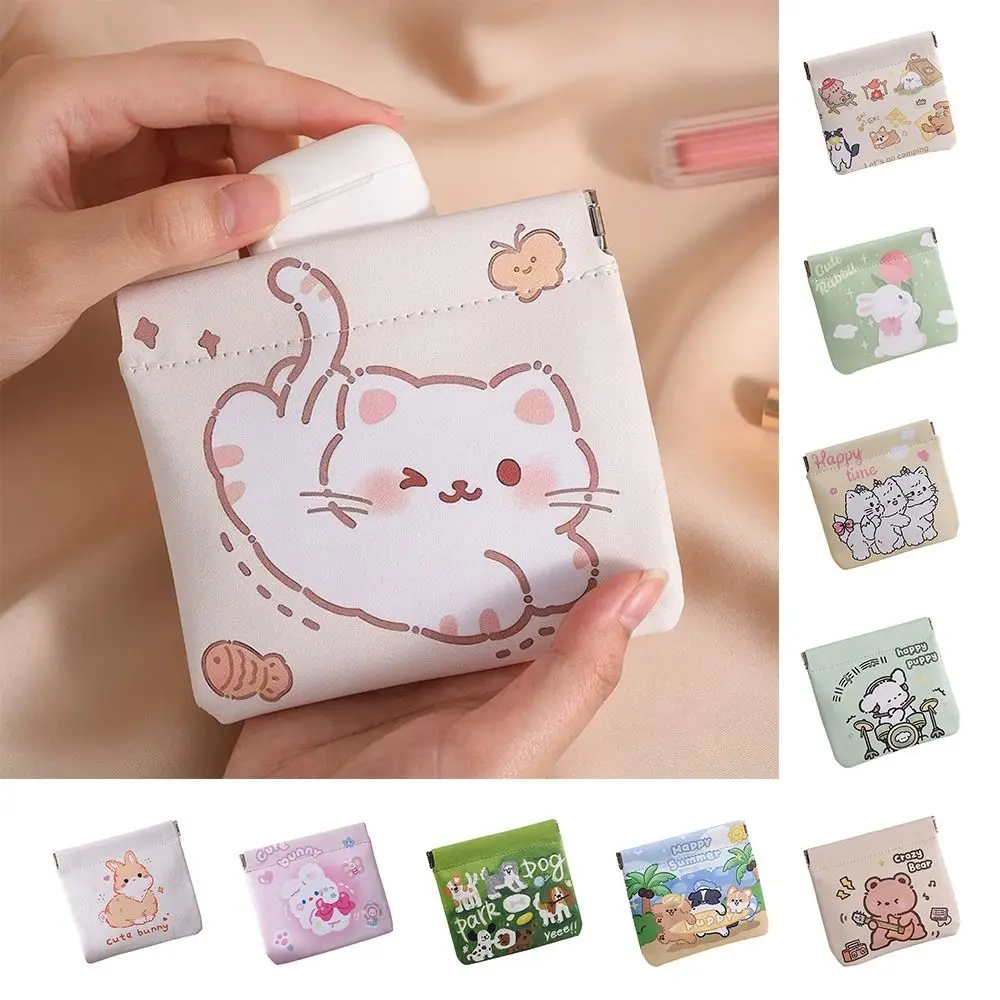 Multifunctional PU Lipstick Makeup Bag Automatic Closing Waterproof Mini Coin Purse Cartoon Data Cable Storage Bag Travel