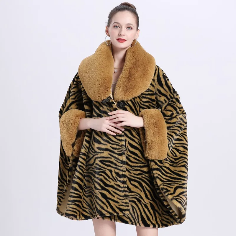 

Loose Imitation Fox Fur Collar Tiger Pattern Cape Shawl Women's Cape Plus Size Medium Long Batwing Sleeve Cashmere Jacket
