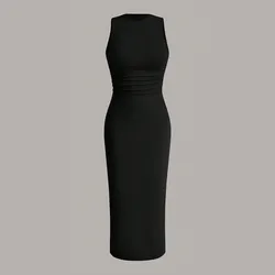 Mia Muse Women's Dresses All Season Minimalist Plain Sleeveless Crew Neck Wrap MIDI Party Dresses