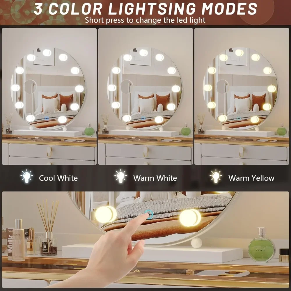 Vanity Mirror with Lights, Mirror with 3 Color Lighting, Large Makeup Mirror with Lights, USB Port,10X Magnification,Smart Touch