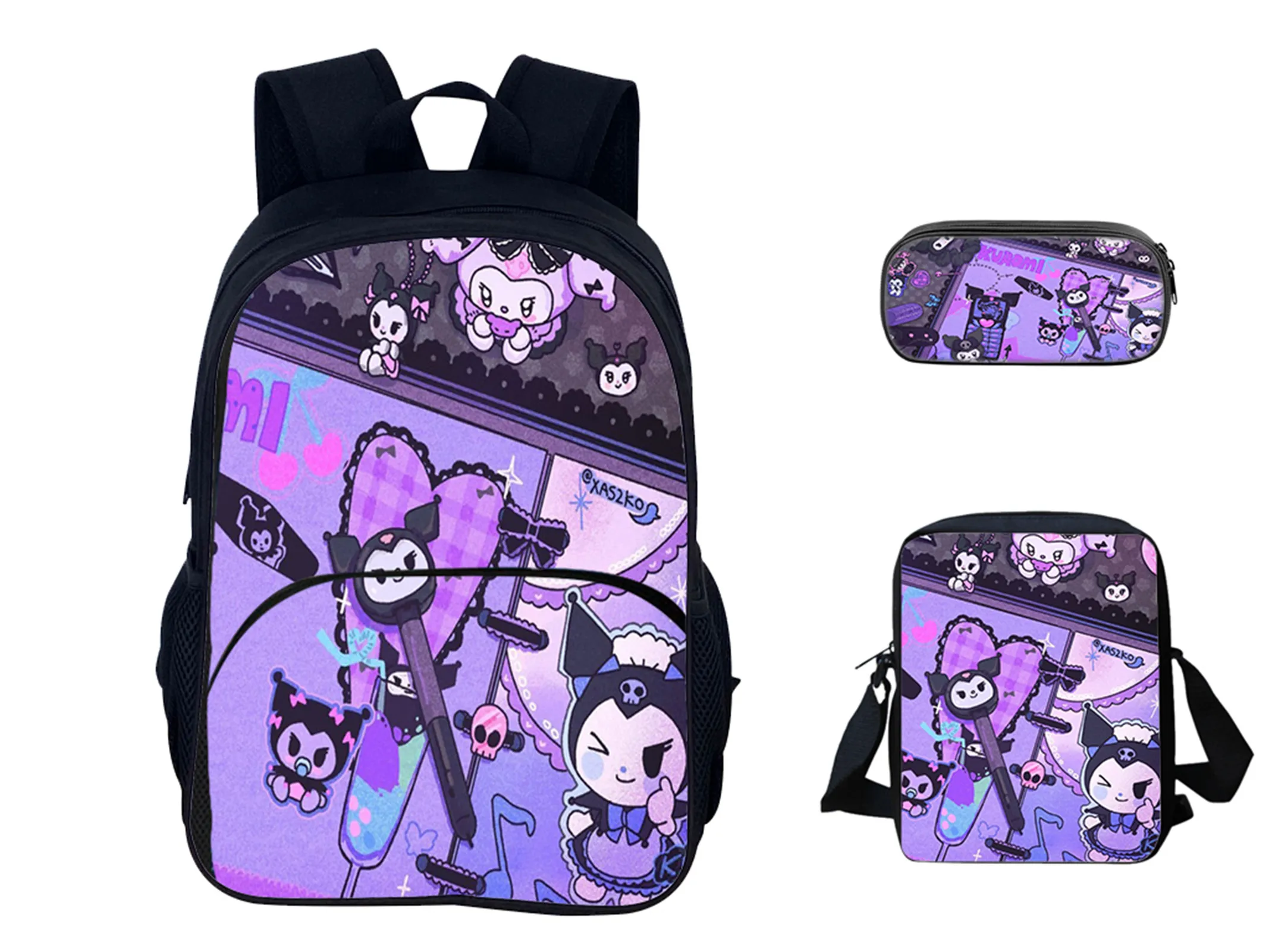 

Unisex Kid Kuromi Cartoon Backpack 3Pcs Set-Trendy Multifunction Rucksack+Cute Side Bag+Pencil Box for Student
