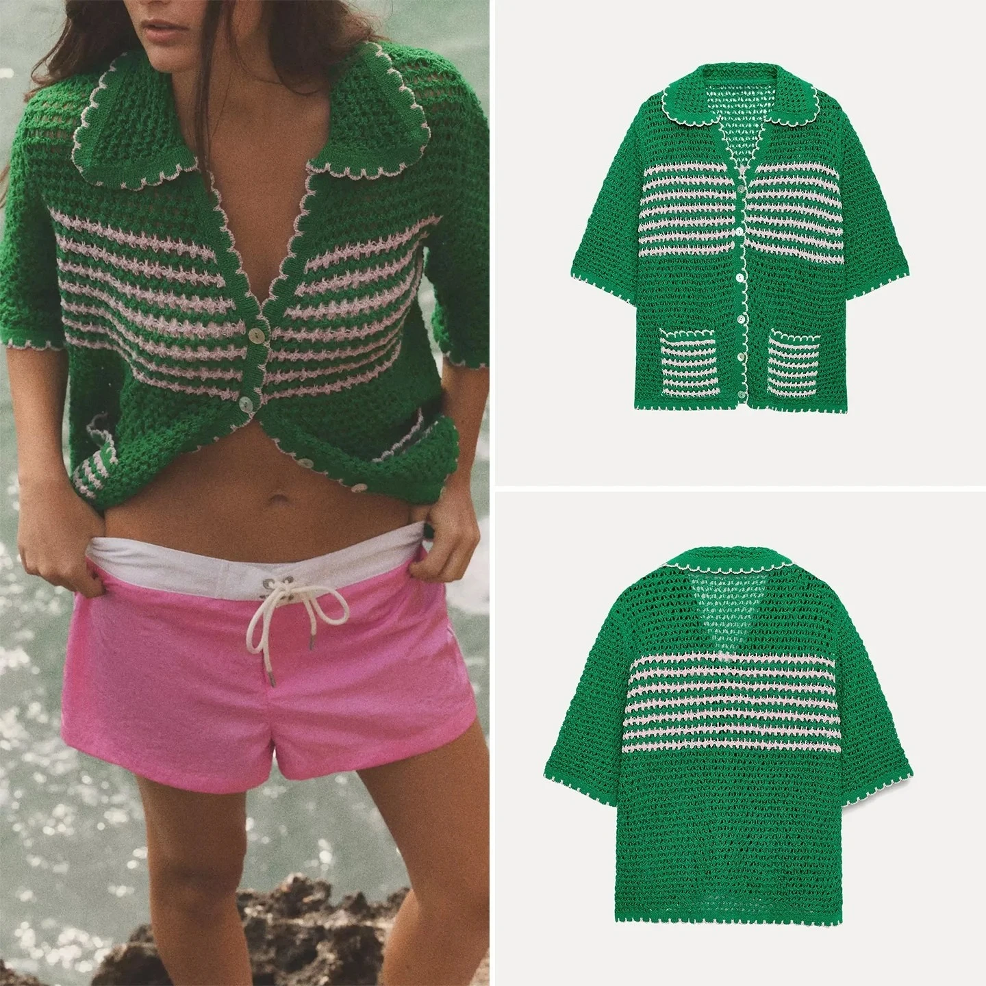 

Openwork Crochet Knit Shirt V Neck Scalloped Trim Color Block Striped Green Loose Hollow Out Beach Cover Up Cardigan 260701