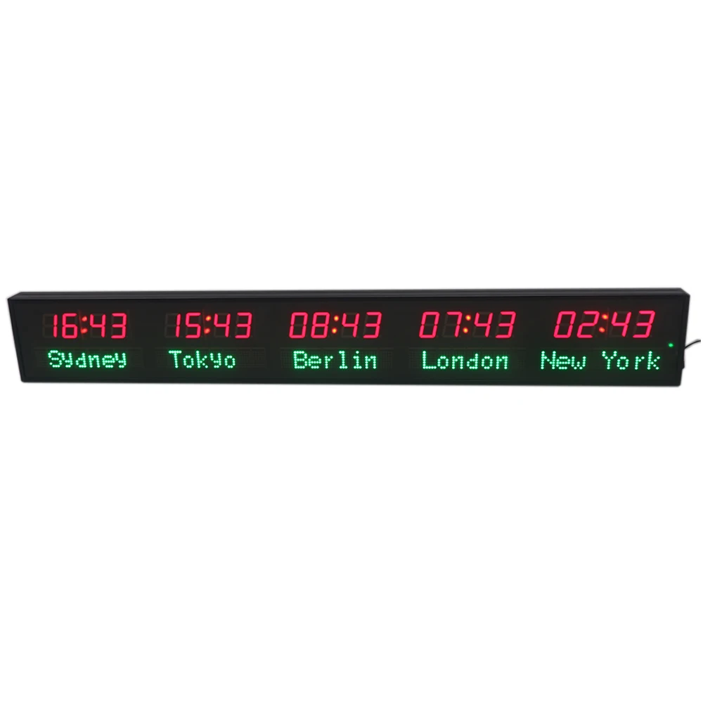Large Digital Alpha-Numeric LED Time Clock AC Motor Aluminum Multi-Time Zone Timer City Names Are Editable