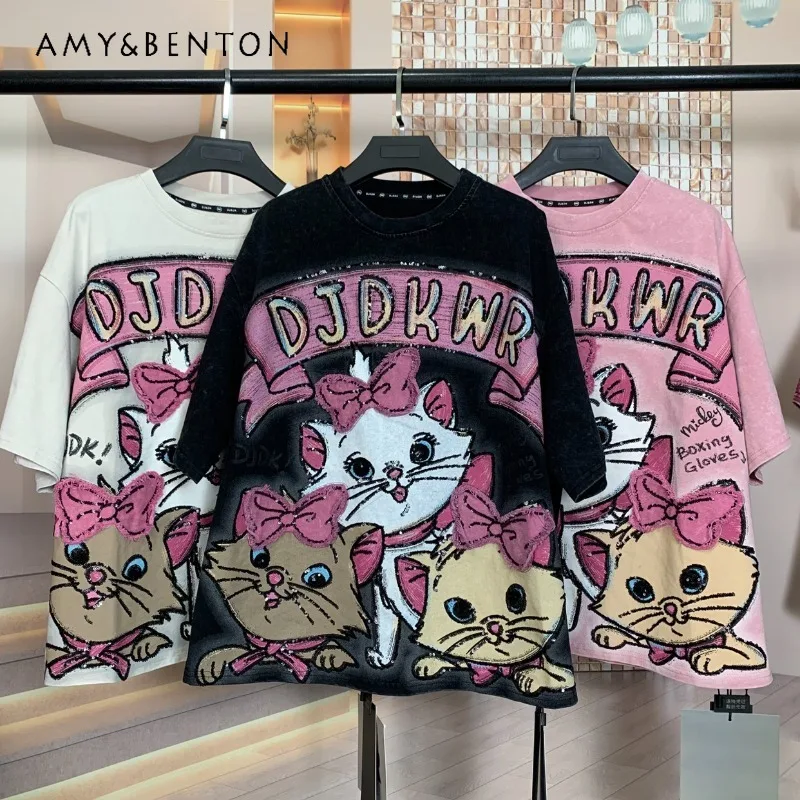 

Модные брендовые новые сверхмощные милые нашивки с изображением кота, уменьшающие возраст футболки, модная свободная футболка с короткими рукавами для женщин, пуловер
