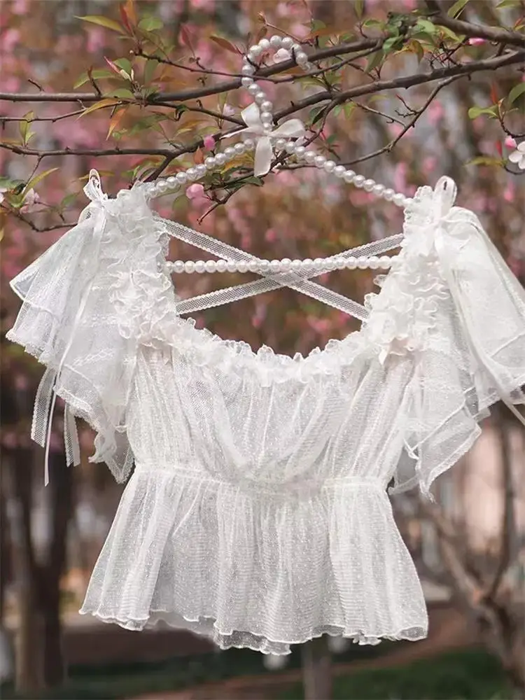 

Original Design Lolita Lace Soft Gauze Lightweight ort Sve Blouse Korean Sle Slim Fit Hollow out Square Collar ort L...