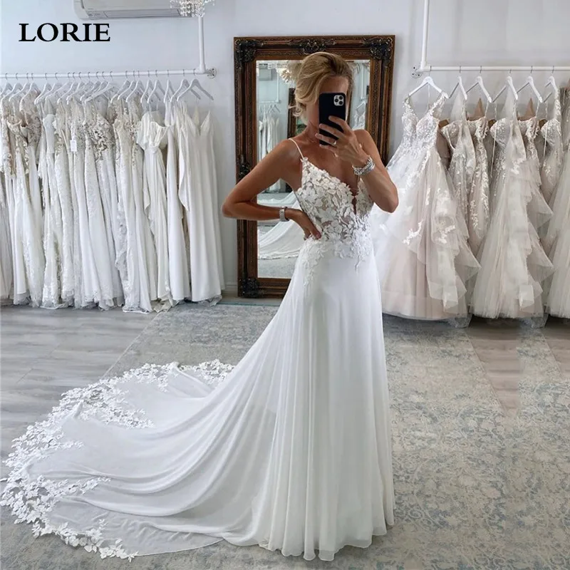 LORIE-vestidos de novia bohemios de encaje con cuello en V, tirantes finos, línea A, vestidos de novia hasta el suelo, vestidos de novia de gasa personalizados 2023