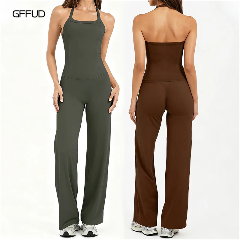 Halter Yoga Vest Shockproof GYM Sports Quick Dry Racerback Tank Top High Waisted Yoga Straight Leg Pants, Pilates Suspender