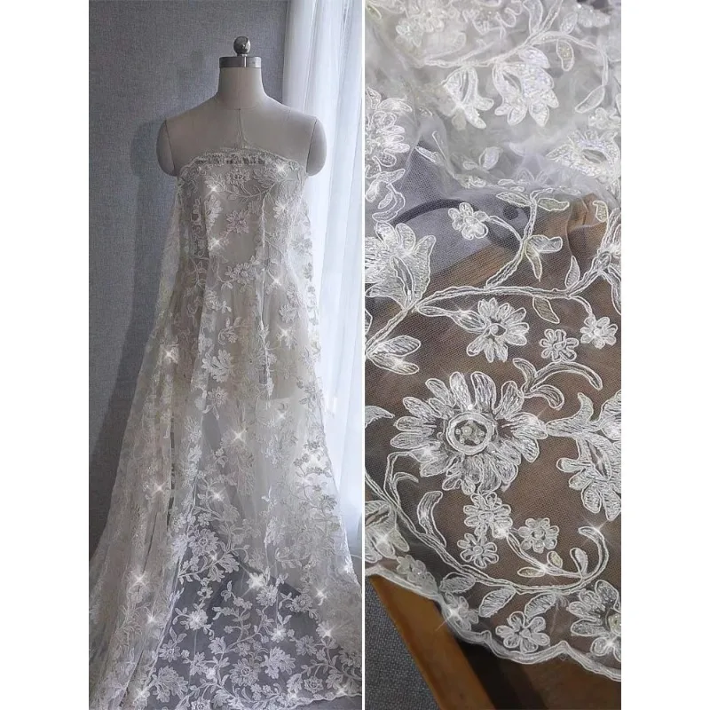 140cm Wide, New Three-dimensional Pearl Gold Thread Embroidery Lace Plant Flower DIY Wedding Dress Decoration Accessories