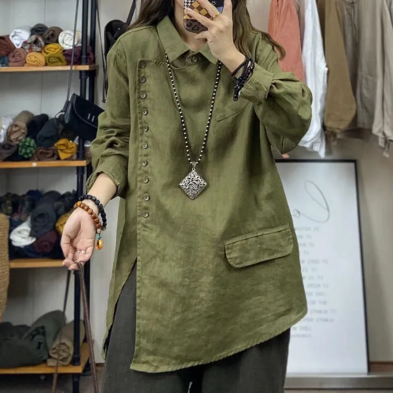 HKSH Camicia per le donne Autunno Nuovo colletto rovesciato Manica lunga monopetto Design asimmetrico Elegante Casual Ins Top HK10997