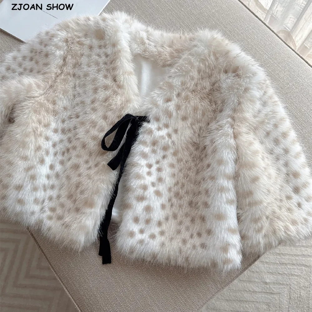 Autumn Winter Bow Lacing Up Front Leopard Dot Pattern Faux Mink Fur Cape Coat V Neck Short Sleeve Shaggy Warm Jacket Outerwear