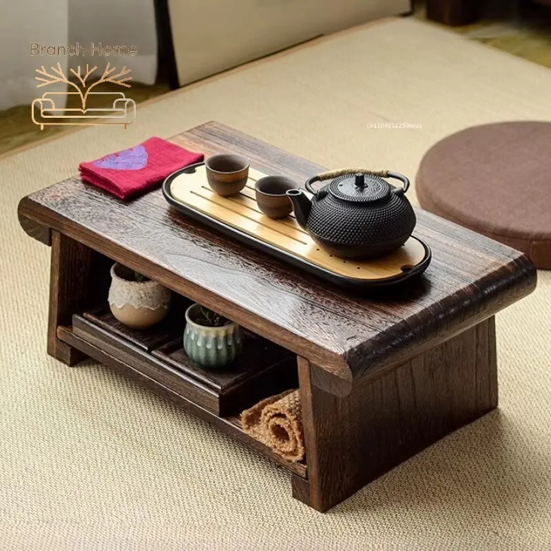 Solid Wood Folding Tea Table Portable Low Profile Desk for Bay Window Traditional Tea Serving Tray Japanese Home Furniture