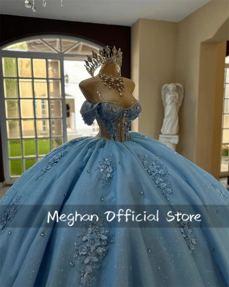 المكسيك الأزرق قبالة الكتف ثلاثية الأبعاد الزهور فساتين Quinceanera الكرة ثوب حبة زين فستان رسمي ثوب التخرج الحلو 16 مخصص