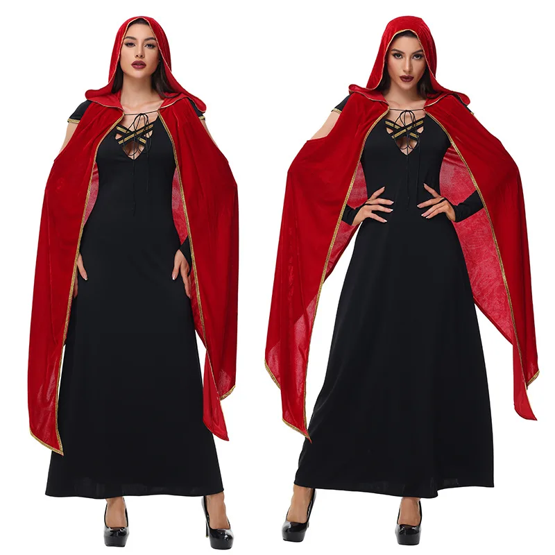 

Adult Gothic Costume Bla Red loween Outfit Witch k Sle Windbreaker Scarf Ethnic Stage Clothing