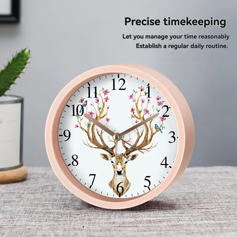 Deer Silent Alarm Clock Battery Operated Quartz Clock with Watercolor Flower Bird Design Desk Clock for Bedroom Living Room