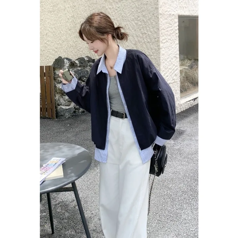 

Lapel Fake Two-piece Stitching Long-sleeved Contrasting Coat Women's Clothing Loose Casual Jacket Fashion Coats Top