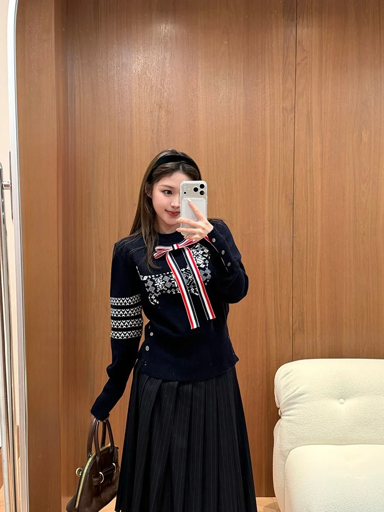 

Well-Behaved Collar Doggie Intarsia k Blue Wool Knitwear Women's Preppy Sle Loose Fit Long Sve Casual Faion
