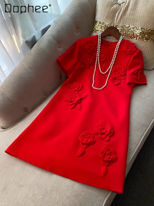 Robes de soirée de tempérament élégant fleur tridimensionnelle à manches courtes Simple Style classique Mini robe femmes robes trapèze