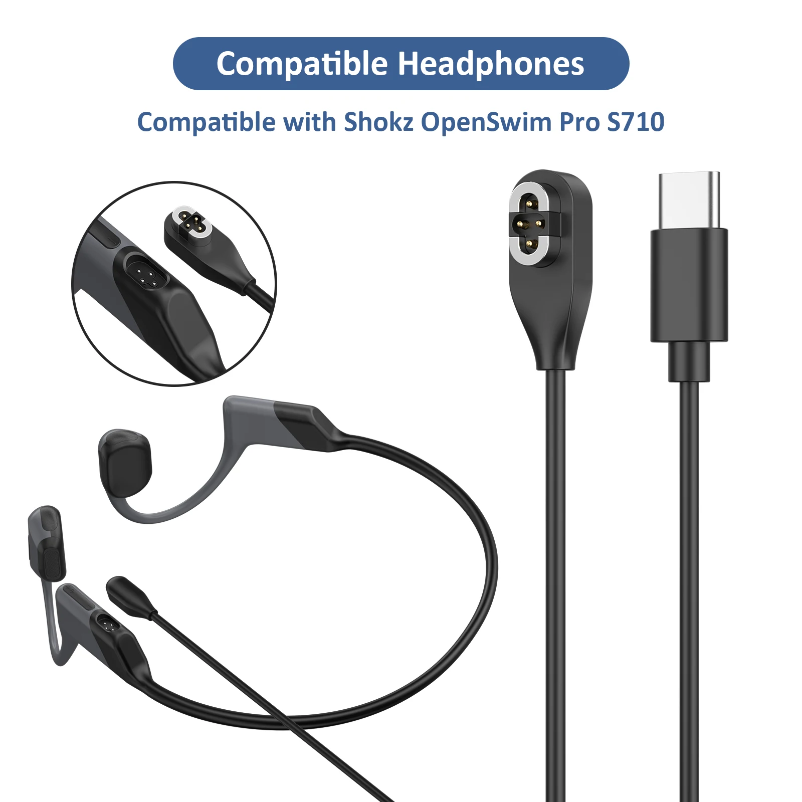 Type C USB pvc Quick Charging Cable For SHOKZ OpenSwim Pro S710 Bone Sound Conduction Headphones 4Pin Magnetic Charger Cord