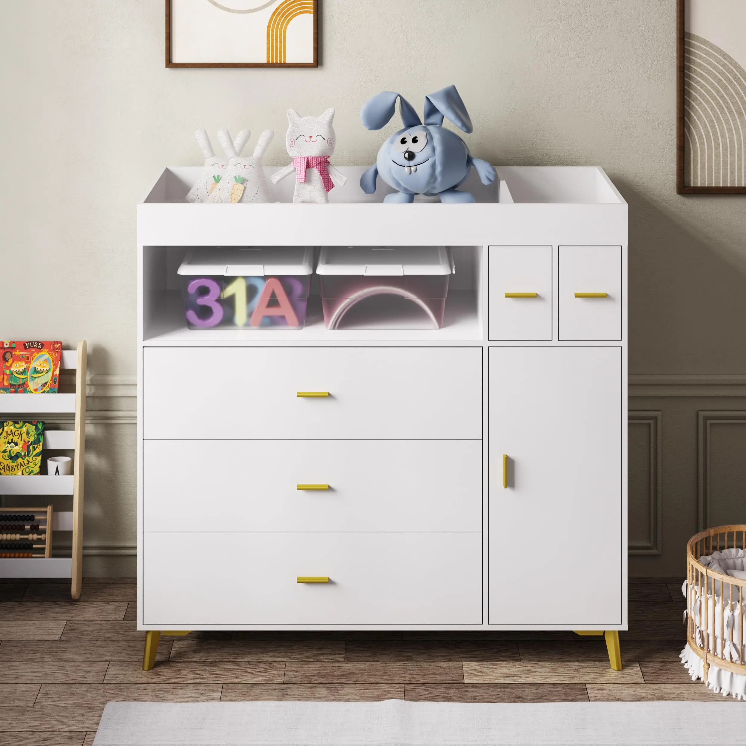 Changing Table with Drawers, White Drawer Dresser, Changing Table Dresser with 5 Drawer & Cabinet