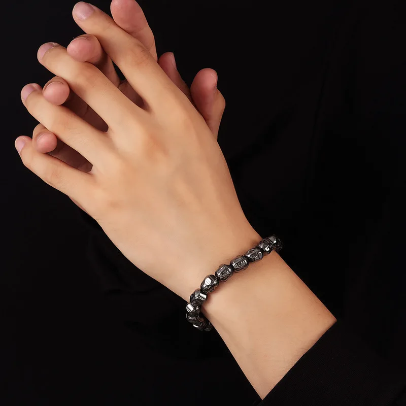 Terahertz Buddha Head Beaded Bracelet for Men Polished Stone Stretch Wristband Spiritual Fashion Jewelry