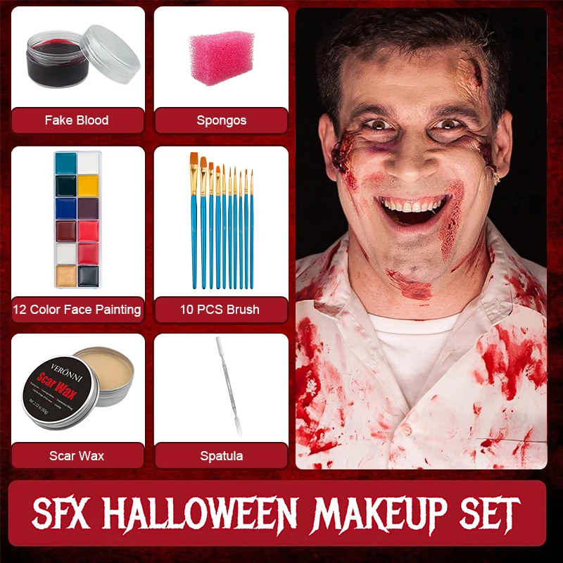SFX Makeup Kit,12 Colors Face Body Oil Paint, Stage Special Effects, Halloween Wound Scar Wax, Makeup, Fake Rib Blood Spatula