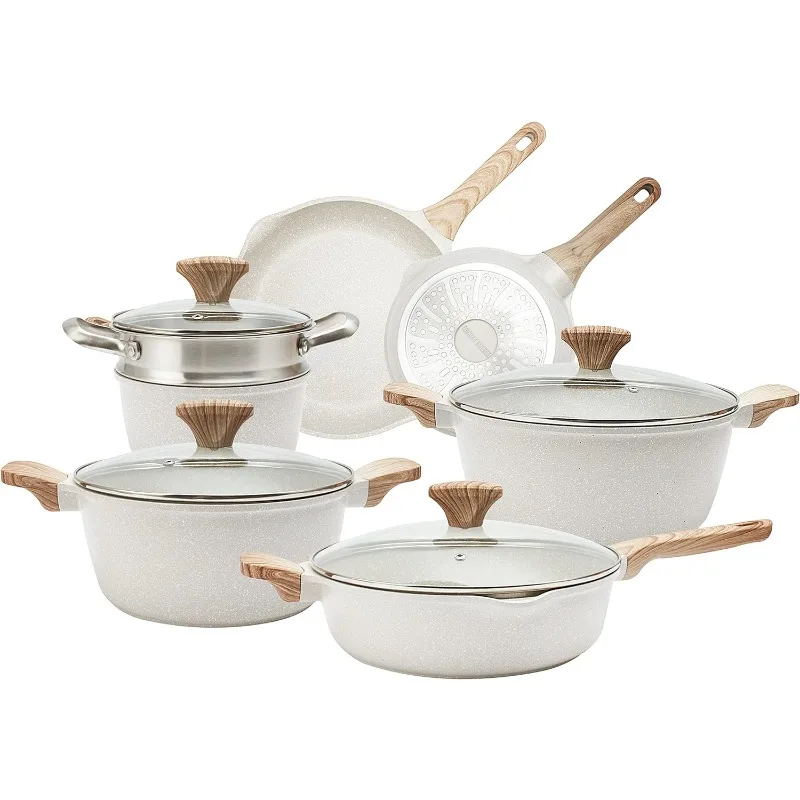 

Country Kitchen Nonstick Induction Cookware Sets - 6 Piece Cast Aluminum Pots and Pans with BAKELITE Handles and Glass