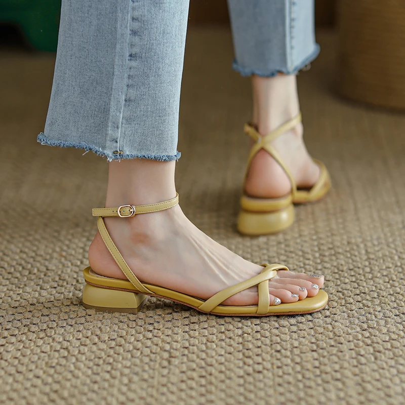 MORAZORA 2024 New Solid Square Low Heels Shoes Buckle Strap Genuine Leather Sandals Women Summer Ladies Dress Shoes