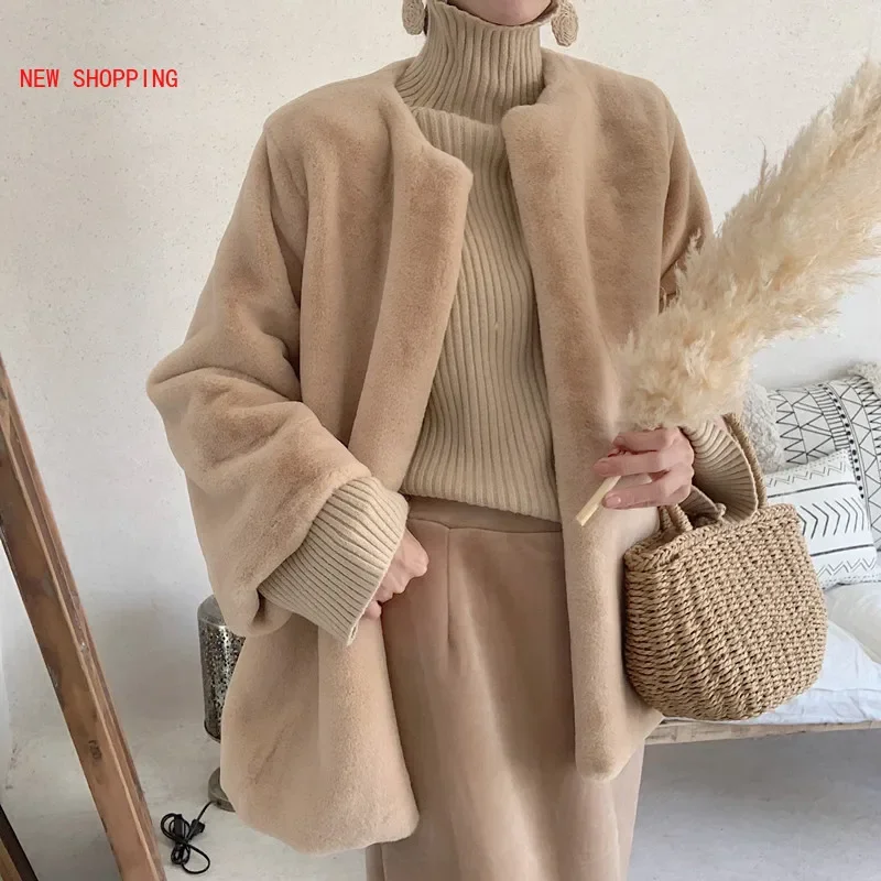 

New Elegant Khaki Winter Warm Rabbit Fur Coats Women Faux Fur Coat Streetwear Autumn Faux Mink Fur Jacket Female Party Overcoat