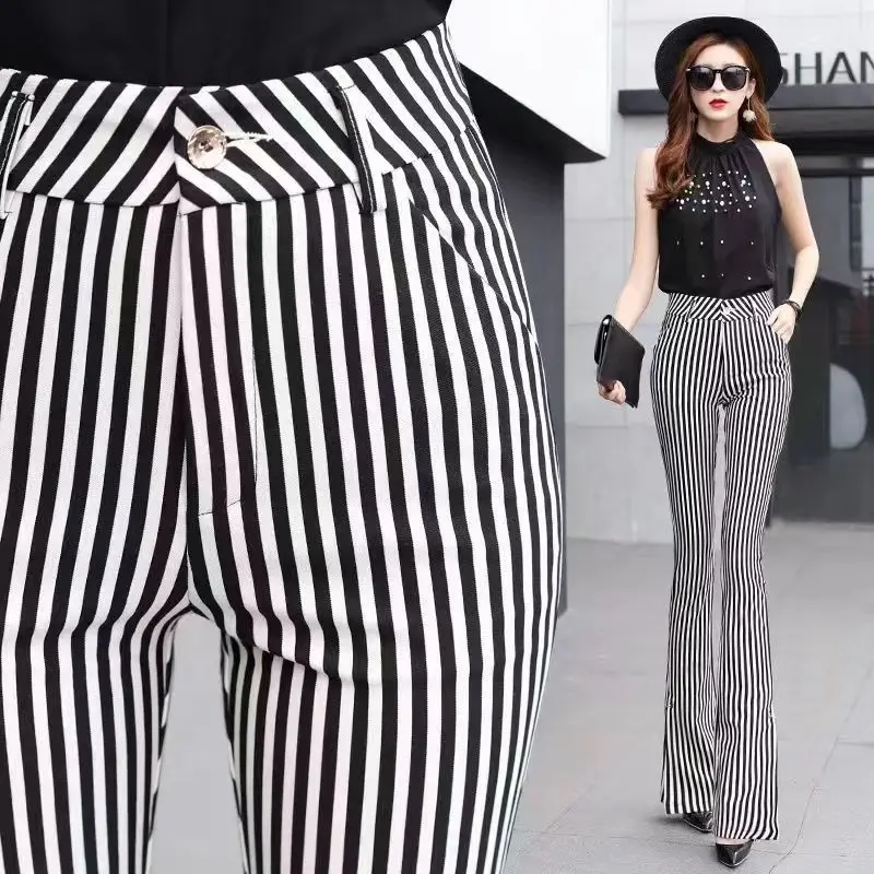 Korean Fashion Summer Suit Pants New Women Striped Pockets Zipper High Waist Split Temperament Chic Slim Straight Flare Trousers