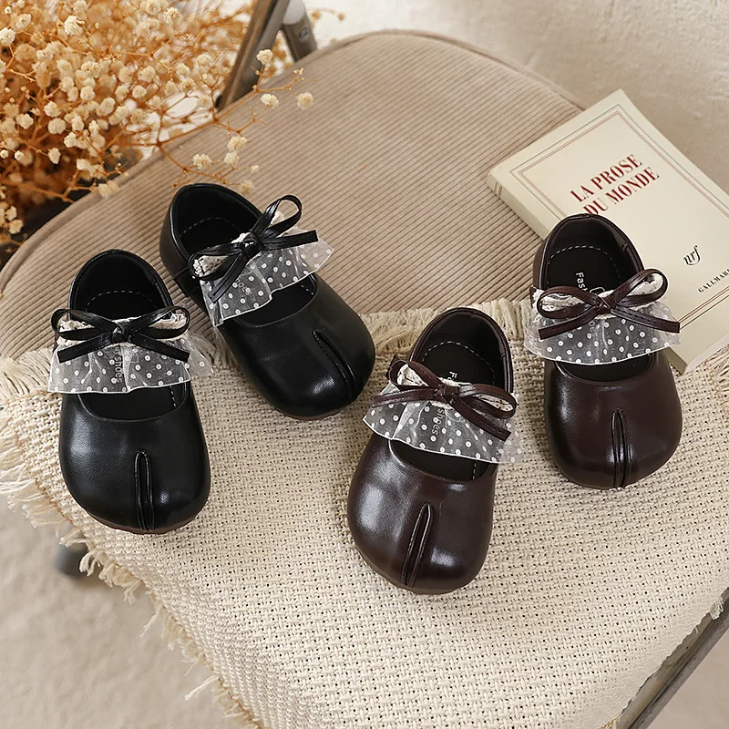Split-toed Lace PU Leather Shoes Spring Autumn New Girls Bow Princess Shoes Soft-soled Loafer Flats Shoes