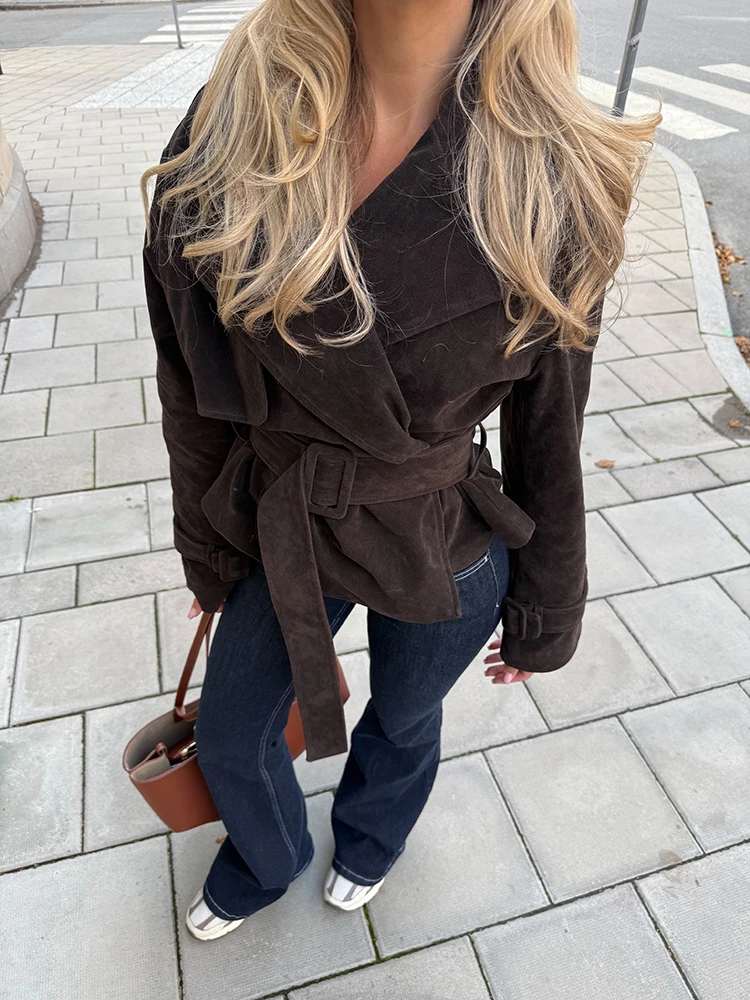 Retro Faux Suede Cropped Short Coat Lapel Collar Belted Waist Long Sleeve Outerwear Women Fall Winter Street Daily Office Outfit