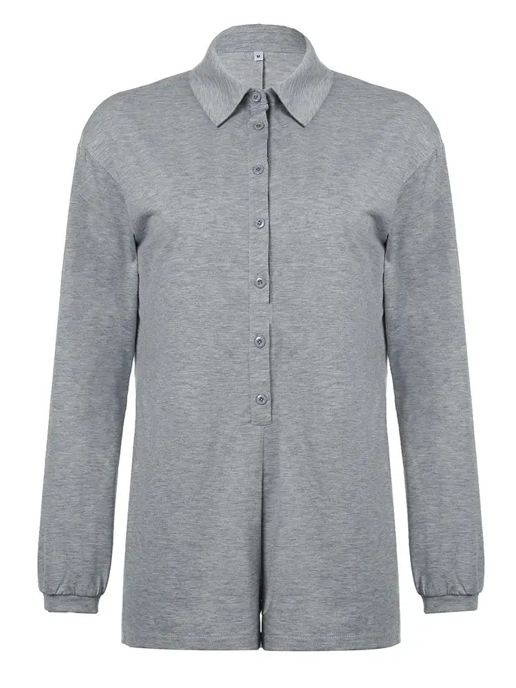 بدلة نسائية Y2K ملابس الشارع رومبير رمادي فضفاض بياقة بولو مع إبزيم وتفاصيل وأكمام طويلة هاراجوكو جمالية