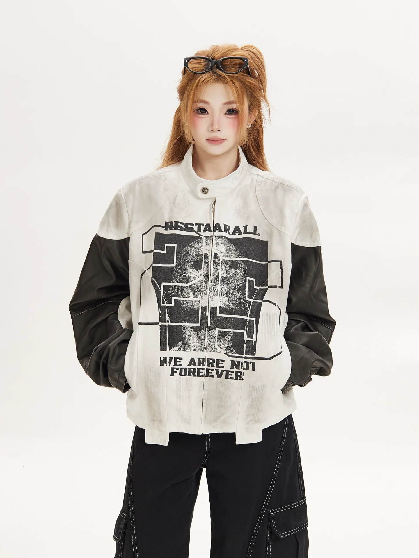 Ant American Style Street Splicing Print Stand Collar Loose Motorcycle Style Jacket Women's Fashionable High-End Feel Outerwear