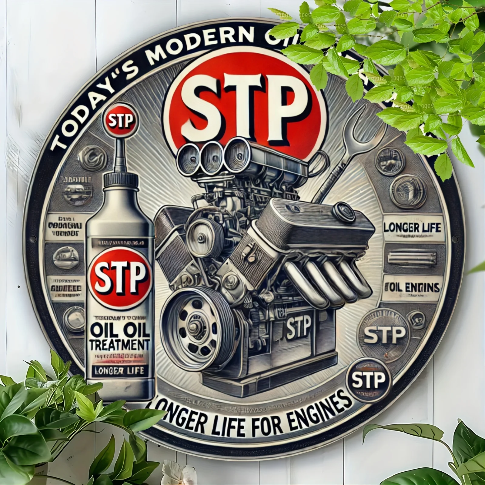 8x8 Zoll rundes Aluminium-Metallwandschild – Vintage-Tankstelle und Autoreparaturdekoration mit „Today's STP“-Design – perfekt für die Garage,
