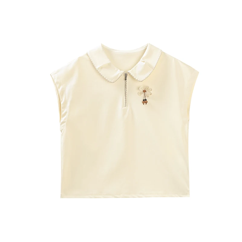 ALXNAN T-Shirt mit Polokragen, kurzärmelig, Baumwolle, Damen-T-Shirt, 2025, elegantes 3D-Blumen-Reißverschluss-Design, lässige Oberteile, Damen, L55210