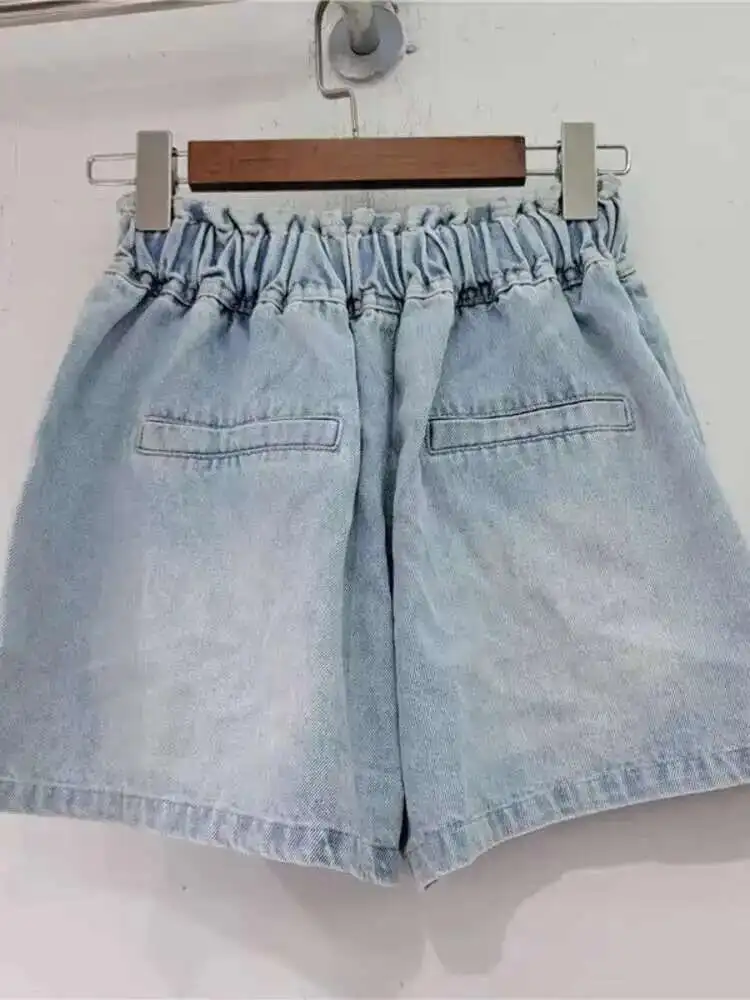European Colorful Diamond Beads High Waist Wide Leg Pockets Drawstring Blue Denim Shorts Pant  Spring Summer