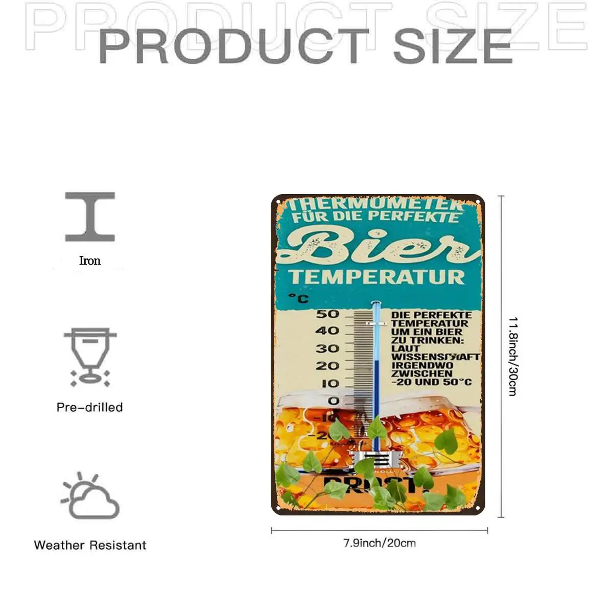2D Flat,1pc,Retro VintageVintage Beer Temperature Thermometer SignMetal Tin Sign, Pre-Drilled Holes, Suitable for Indoor, Garden